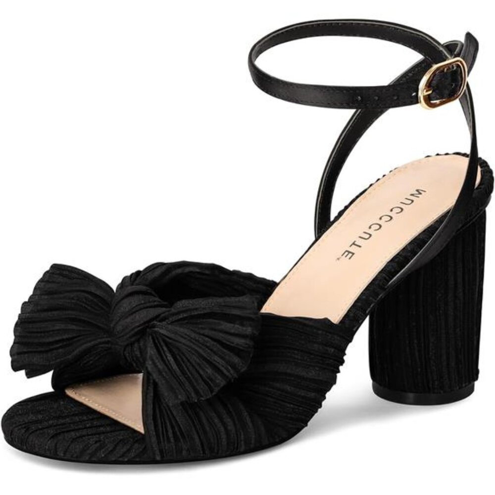Women's Bow Knot Heeled Sandals Ankle Buckle Strap Chunky Heeled